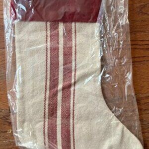 NEW Pottery Barn Grain Sack Stripe Christmas Stocking Flax with Red Cuff Medium